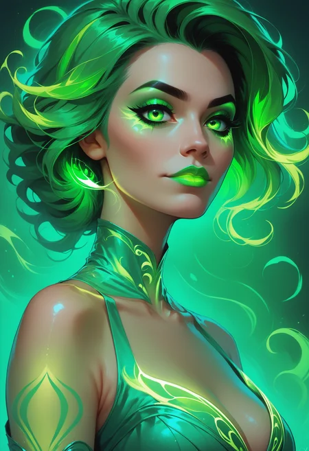 (score_9_up, score_8_up), score_7_up, upper body portrait, 1girl, glowing neon green dress, glowing neon green lipstick, glowing makeup, rating_safe, <lora:lukethighwalkerneonponyv4:0.4>