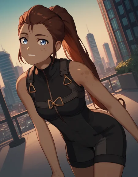 score_9, score_8_up, score_7_up, source_anime, <lora:ilia-amitola-ponyxl-lora-nochekaiser:1>, ilia amitola, long hair, blue eyes, brown hair, ponytail, dark skin, dark-skinned female,, bare shoulders, bodysuit,, cityscape, street, bent over, smile, looking at viewer, solo, cowboy shot, dutch angle