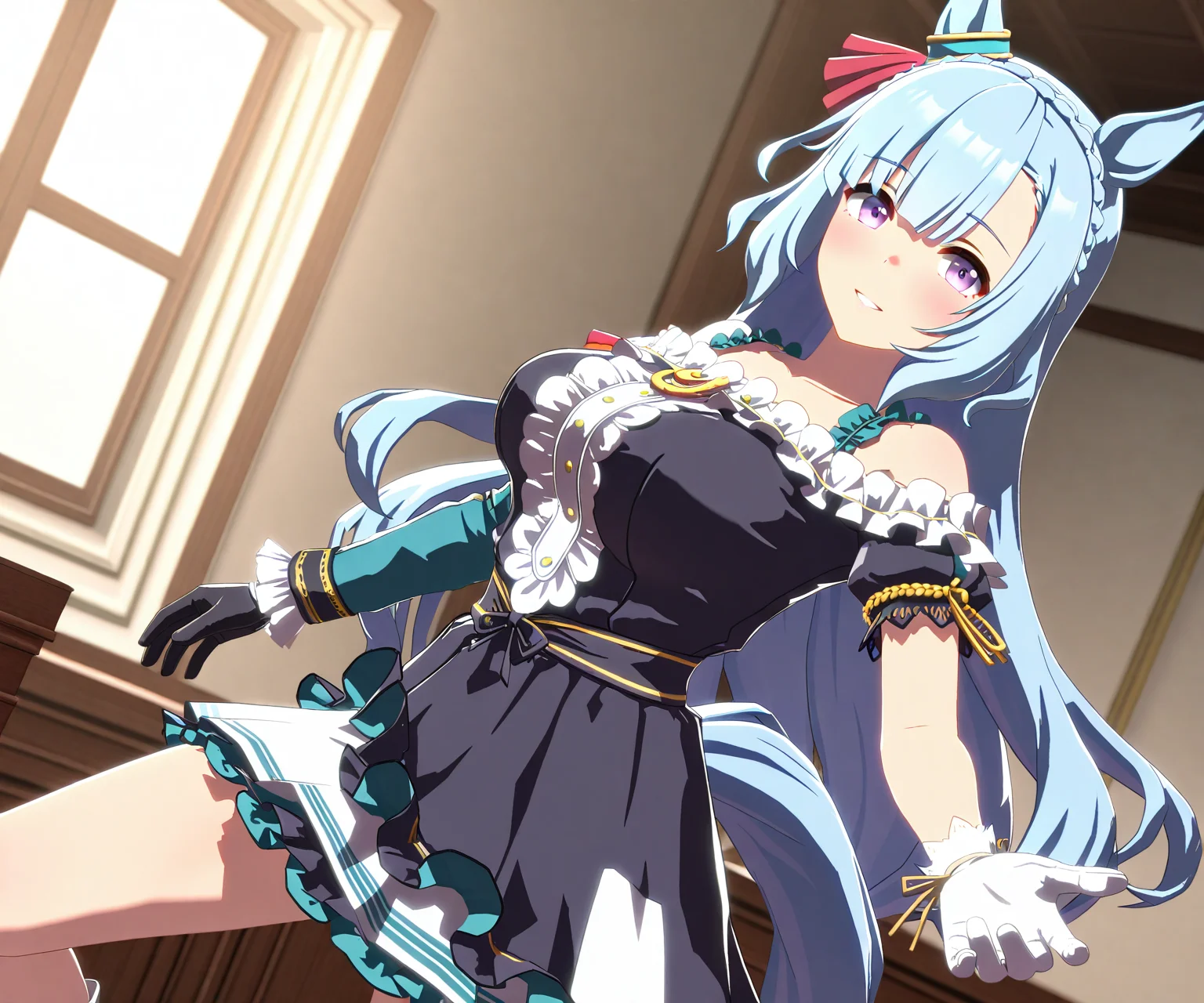 masterpiece, best quality, amazing quality, , 1girl, solo, looking at viewer, <lora:Mejiro Ardan in game style 3D ILL-v2:1> ummsmingame, 3d, mejiro ardan \(umamusume\), asymmetrical gloves, single sleeve, single sleeve on left arm, black gloves on left hand, white gloves on right hand