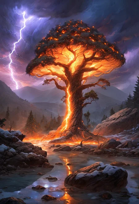 (by Ellen Jewett:1.5), (Fiery orange Bioluminescent Impressionism with lightning, mountain landscape, The Dreamland, Gibson Great Mountains, rock, sky, giant tree, great grand tree on mountains, great fire, great lightning, great great magical tree, sunset, sunrise , stream, lightining, snow and ice, ethereal landscapes, depth of field, biotech emotion:1.3) <lora:xl_more_art-full_v1:0.5> <lora:add-detail-xl:1> <lora:RMSDXL_Creative:2>