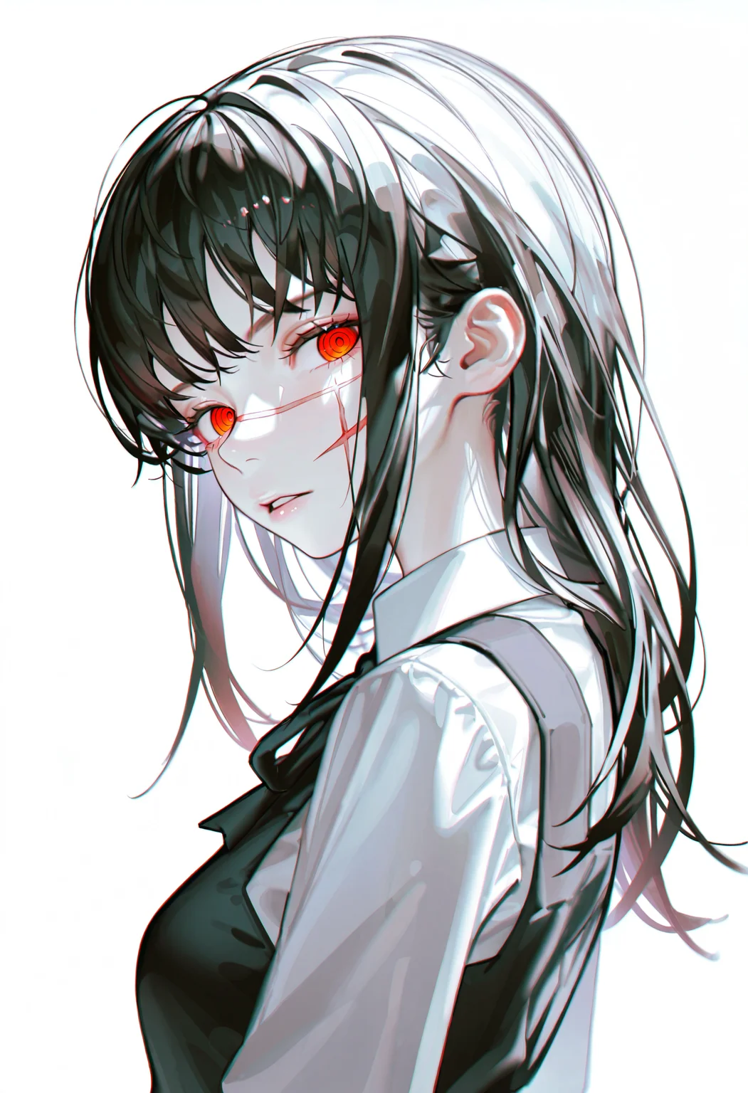 <lora:iumu_kam-illustriousXL_v01_V1-CAME-000035>, iumu_kam, yoru \(chainsaw man\), 1girl, solo, black hair, fourth east high school uniform, long hair, ringed eyes, looking at viewer, scar on face, school uniform, scar, red eyes, sleeveless dress, shirt, pinafore dress, scar on cheek, white shirt, dress, sleeveless, cross scar, collared shirt, simple background, ribbon, upper body, neck ribbon, looking back, from side, black ribbon, white background, parted lips, scar on nose