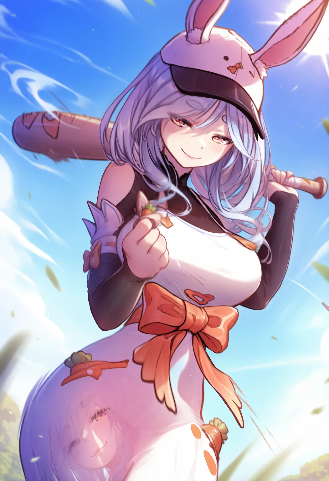 1girl, solo, mitsuartstyle, pekomama, looking at viewer, black sleeves, seductive smile, medium breasts, long sleeves, orange bow, carrot, holding, baseball bat, outdoors, baseball cap, swinging bat, motion blur, sun, blue sky, masterpiece, best quality, newest, absurdres, highres