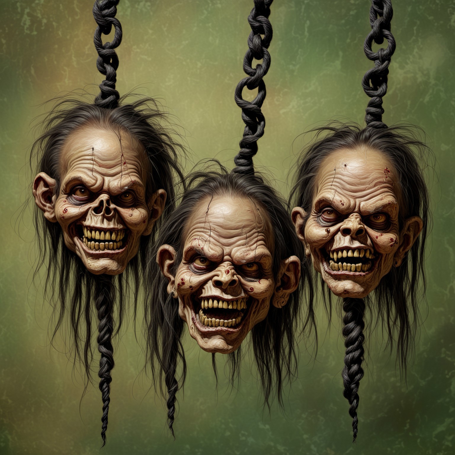 edrepkastyle, death metal album cover, three shrunken heads hanging from strings, caricature, horror, tropical background, voodoo, painting, brush strokes, soft painting
