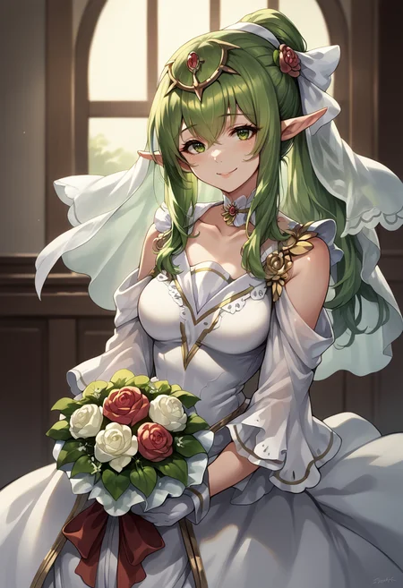 score_9, score_8_up, score_7_up, source_anime, 1girl, solo, mltikwf, bare shoulders, bouquet, bridal veil, circlet, green eyes, green hair, hair flower, hair ornament, large breasts, long hair, pointy ears, ponytail, veil, wedding dress, collarbone, <lora:tiki-adult-take3-pdxl:1>, smile