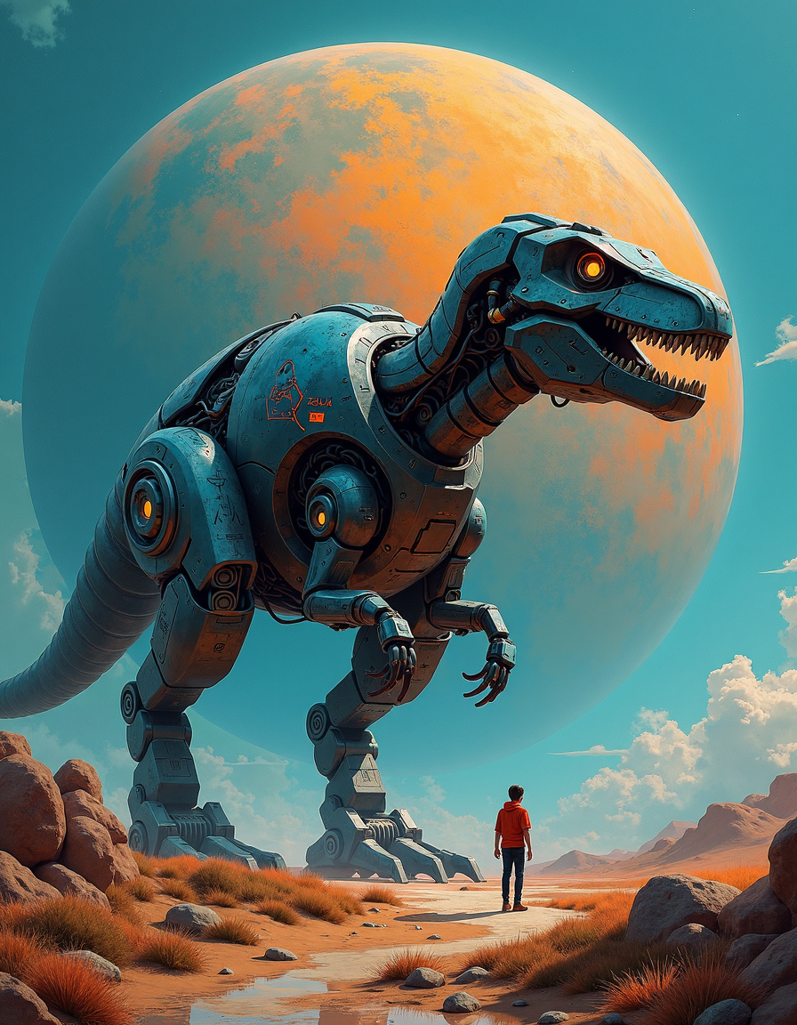 luminism art by Aleksey Savrasov and Iain Faulkner, As an Earth shaped robotic dinosaur takes center stage, it is transformed into an unexpected sight! A vibrant arrays with advanced machinery. But this time this planet comes alive, each one a different technological advancement for our own to be explored through high tech technology as we come closer together and evolve the natural wonders surrounding this fascinating terrain! This surrealism takes you on a thrilling journey through space.  Muted rainbows Soft suede, polished rose quartz, and champagne gold,, Russian landscape painting, realism, atmospheric effects, poetic mood, soft brushwork, Contemporary realism, urban landscapes, solitary figures, reflective moments, dramatic lighting
