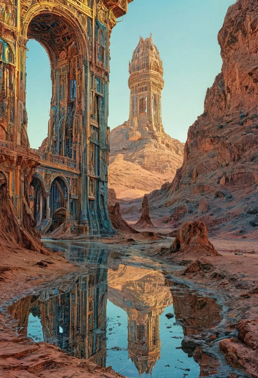 appears trapped in an optical illusion of reflections and refractions. Illustration by moebius, a tower in a desert, intricate details, natural lighting, volumetric lighting maximalist. intricately detailed, complex, elegant, expansive, fantastical, film photography style, medium grain, FRESHIDESH Moebius comic book