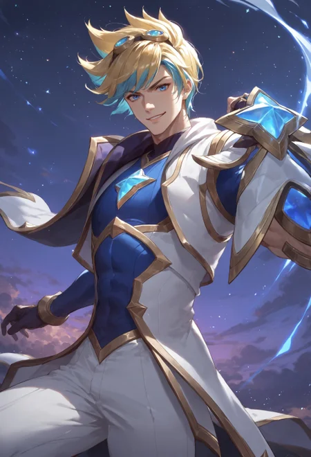 safe_pos, Score_9, Score_8_up, Score_7_up, best quality, shading, shading detailed, countershading, Expressiveh, dynamic scene, starry night, streaked sky, star (sky), anime,
Star Guardian Ezreal, (((solo))), 1boy, male focus, handsome face, blonde hair, blue eyes, multicolored hair, blonde hair, blue hair, pale skin, muscular, detailed skin, skin shading, white jacket, white pants, gloves, star guardian (league of legends), smirking at viewer, dynamic pose, action pose, dynamic action, floating in the air, tilted angle