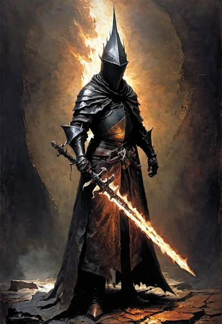 videogame art of profane (((Abyss Watchers)))
wearing (ragged, brigand, holding a giant metal flame shaped sword, leather tunic, metal plates and cloth, pointy shaped helmet, sewn together), gothic, legion, by Jean-Baptiste Monge and Nicola Samori, Nazgul from lord of the rings, coif leather, holding a parchment script scroll
