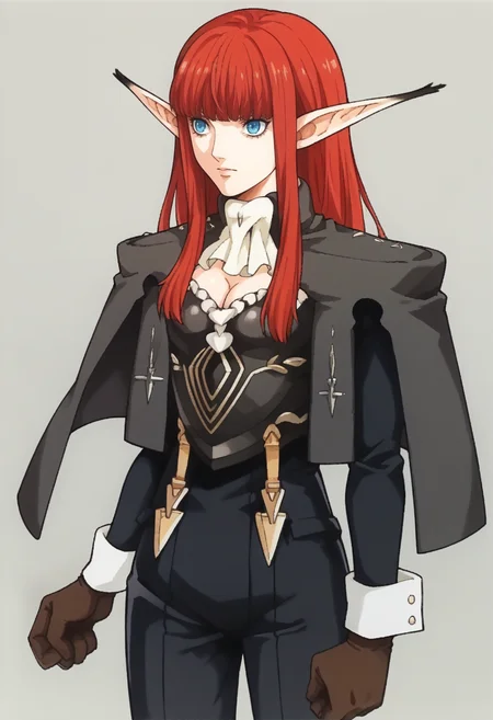 score_9, score_8_up, score_7_up, source_anime, BREAK <lora:zs_FE9PortraitsXL:1> fe9portraits, solo, cowboy shot, simple background, 1girl,  <lora:HulkenbergMR-pdxl:1> hbrgMR, long hair, sidelocks, blunt bangs, pointy ears, capelet, black jacket, ascot, breastplate, cleavage, long sleeves, gloves, black pants