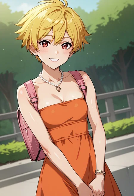 score_9, score_8_up, score_7_up, deep skin, shiny skin, (skindentation), (((highres))), (highly detailed, high resolution), , high quality, highres, source_anime, animification, anime screencap, saturation, vivid colors,, smile, cute, , sexy, LisaSimDT, 1girl, blonde hair, red eyes, short hair, brown jacke, strapless dress, orange dress, pink backpack, jewelry, necklace,, solo, smile