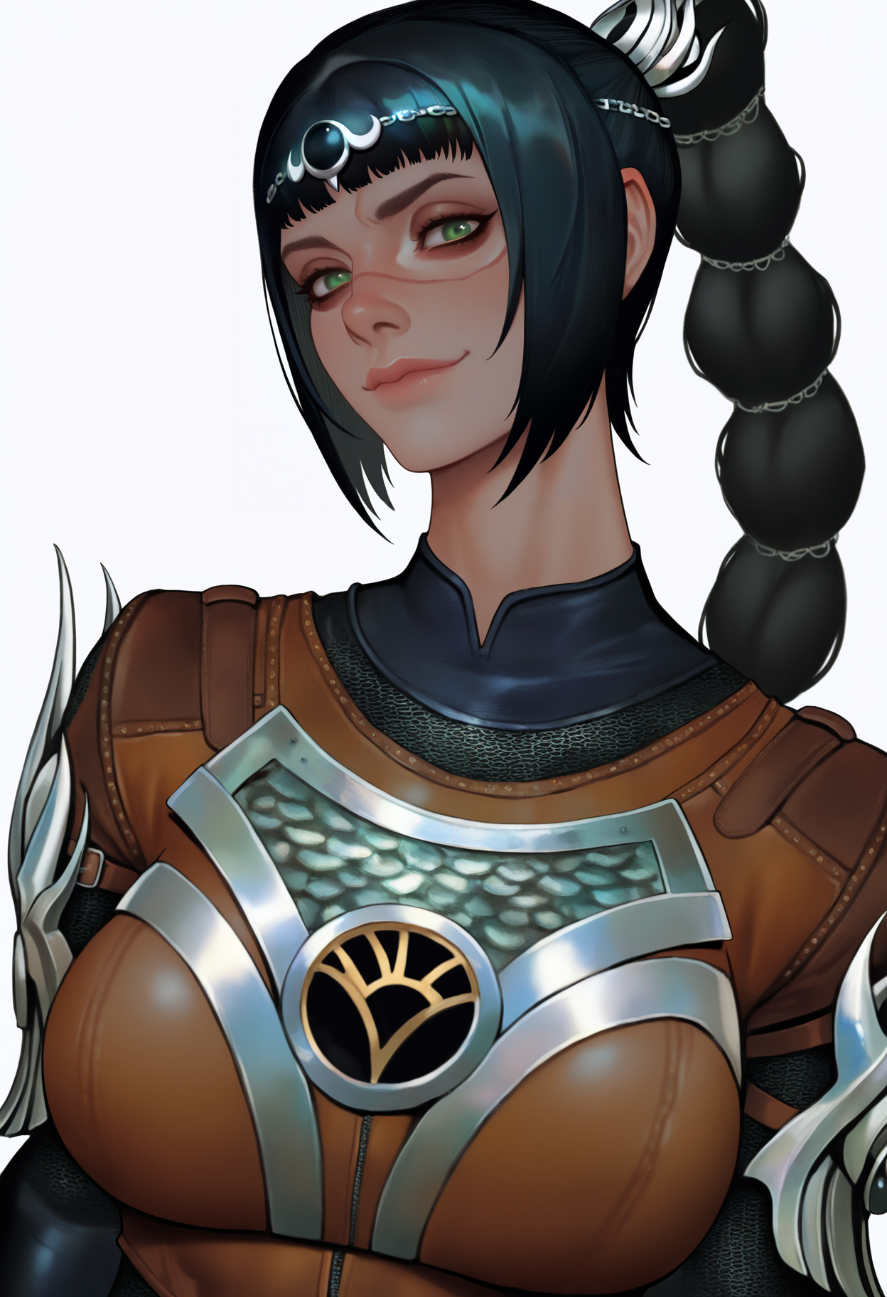 best quality, amazing quality, very aesthetic, absurdres,
1girl, solo, shadowheart, black hair, braided ponytail, green eyes, scar on face, 
circlet, armor, large breasts, leather pants,
smile, looking at viewer, upper body, simple background, white background   <lora:ShadowHeartIllustrious_byKonan:0.8>    <lora:KyoungHwanKimNoobLocon_byKonan:1>