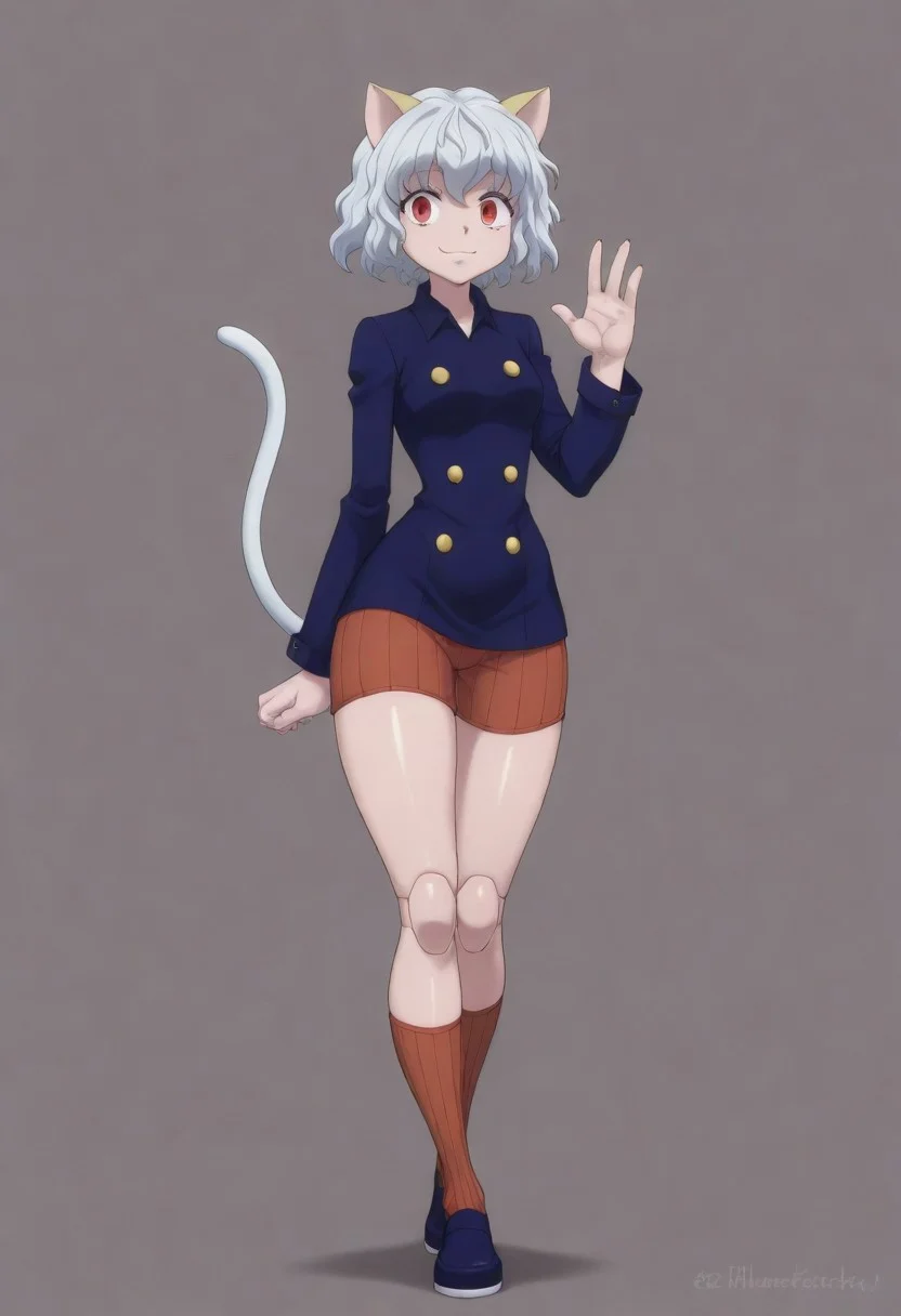 masterpiece, best quality, amazing quality, 1girl, solo,,, shiny skin,,,,,<lora:IlluPitou:1> illupitou, cat ears, cat tail, white hair, red eyes, joints, smile, 4 fingers, buttons, shorts, long sleeves, kneehighs,