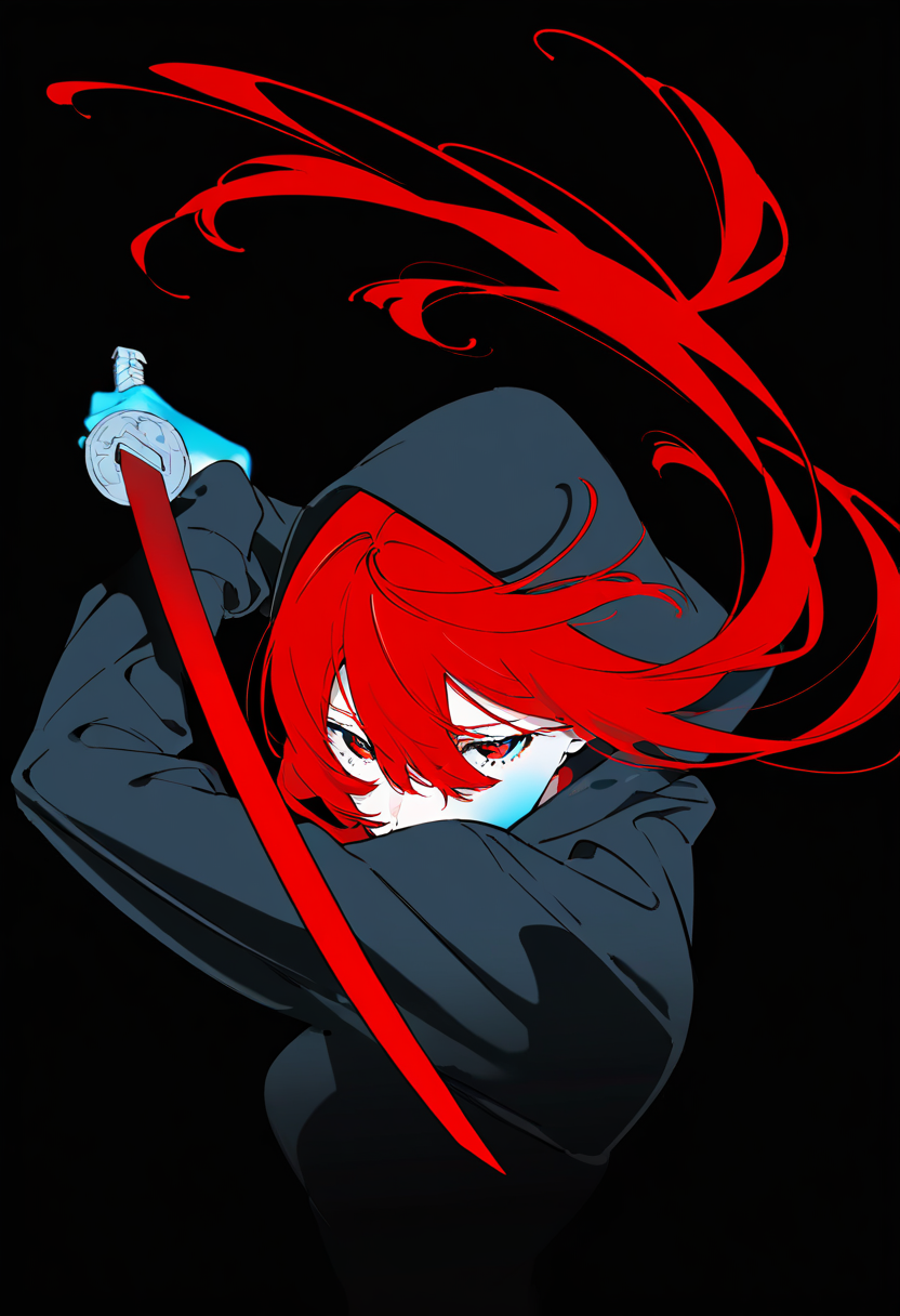 (very awa,masterpiece,best quality,year 2024,newest,highres,absurdres:1),yoneyama mai, lineart, monochrome, (red sword), (fighting stance), (disheveled hair:1.1), (dark theme), chiaroscuro, foreshortening, (colorful splashes:1.1), (shining:1.1), (focus on face:1.1), Glowing skin, Strong contrast, long sleeves, simple background, red eyes, weapon, hood, black background, sword, hooded jacket, meme, jacket, hood up, red long hair, glowing, half-closed eyes, looking at viewer