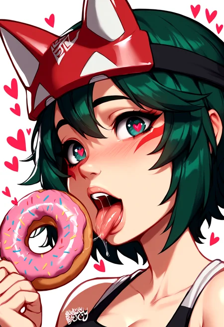 score_9, score_8_up, 2D, blushyspicy, 1girl, solo, face closeup, angled shot, from side:0.6, kiriko, dark green hair, short hair, large eyes, heart shaped pupils, about to bite into donut, donut:1.2, donut in front of face, open mouth, tongue out, saliva, heart symbols:0.8, <lora:BlushySDXL:1>