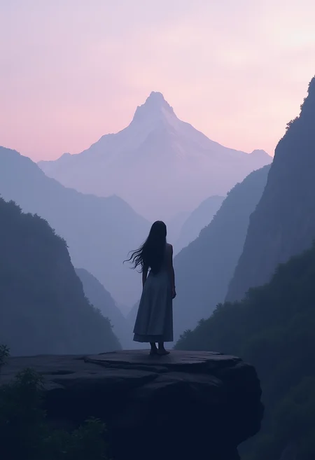 Explore a tranquil minimalist retreat nestled among towering mountain ranges. As dusk slowly encroaches upon the landscape, daylight dims to reveal a single peak shrouded in hues of soft purple and charcoal gray. An introspective figure stands in solitude on a raised platform, a silhouette silhouetted against the skyline as if suspended between earth and heaven. Her long hair flows freely, a serene dance mirroring the movement of fallen leaves in the surrounding air. Suffused with the colors of twilight, her form creates a subtle contrast against the muted tones of the environment. In this sparse yet harmonious scene, focus on capturing the quiet serenity found within simplicity and the interplay of shadow and lightâa testament to the beauty inherent in minimalistic art.