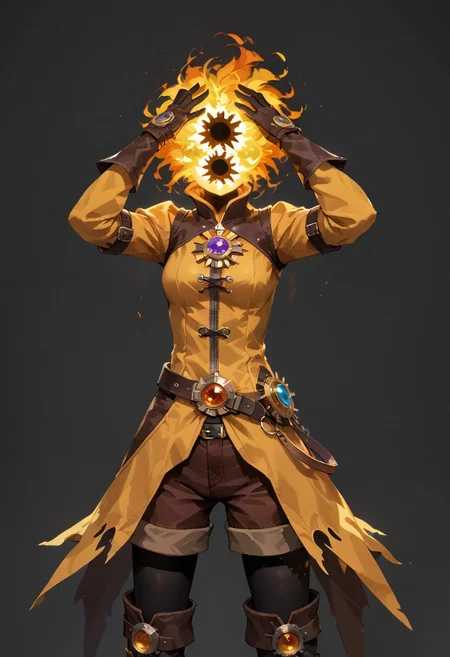score_9, score_8_up, score_7_up,
lord_of_frenzy, fire head,
novakin, faceless, no eyes, no mouth, no nose, no facial features, short fiery yellow orange hair, body made of black plasma,
open hands, hands on face front,
hands on own head,
magical girl outfit, (steampunk dress:1.1), boots, (brown shorts:1.1), black tights, medium breasts, belt, gloves,
simple background, grey background,