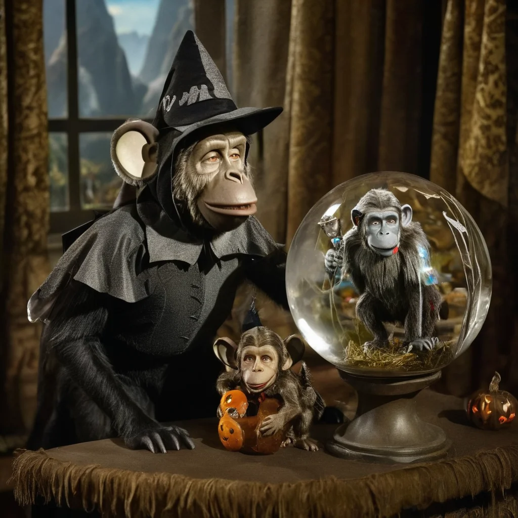 ultra high res, highly detailed, highest quality, maximum resolution, film noir style, FLY1NG_M0NK3Y, WITCH, CRYSTAL BALL, Flying monkey, The Wizard of Oz, Halloween Cosplay character <lora:Fly1ng_M0nk3y_SDXL:0.8>