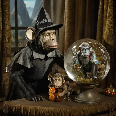 ultra high res, highly detailed, highest quality, maximum resolution, film noir style, FLY1NG_M0NK3Y, WITCH, CRYSTAL BALL, Flying monkey, The Wizard of Oz, Halloween Cosplay character <lora:Fly1ng_M0nk3y_SDXL:0.8>