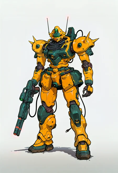 <lora:HeavyTechILXL:1> h3avyt3ch,
weapon, holding, gun, holding weapon, white background, solo, robot, mecha, holding gun, radio antenna, no humans, cable, armor, spikes, simple background, mobile suit, shoulder spikes, redesign, standing, energy gun, masterpiece, best quality, amazing quality, intricate detail, highly detailed, absurdres, very aesthetic, dynamic lighting, detailed background, scenery, (volumetric lighting)