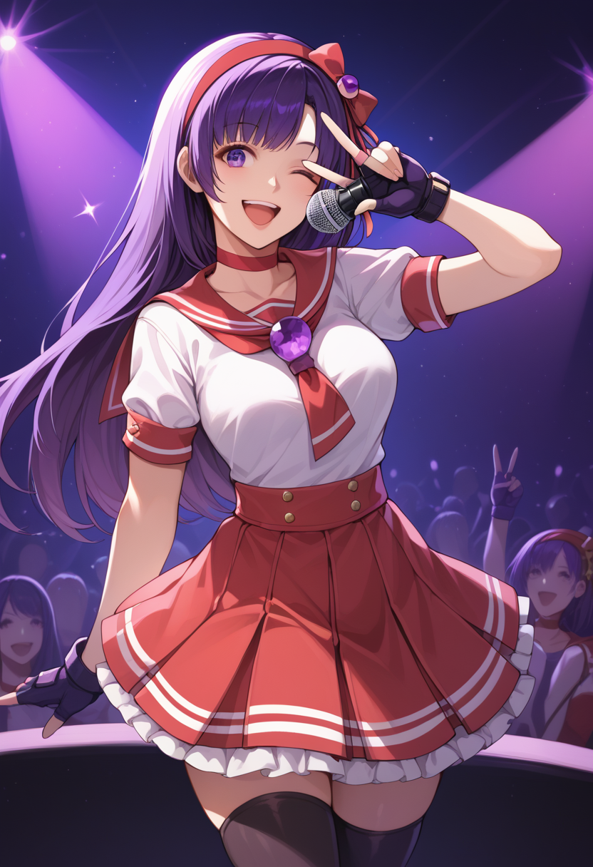 score_9, score_8_up, score_7_up, score_6_up, source_anime BREAK  <lora:AthenaXIV-000005:1>,  AthenaKOFXIV, red hairband, hair ribbon, purple eyes, purple hair, red choker, serafuku,pearl (gemstone), short sleeves, red skirt, fingerless gloves,black  thighhighs,  concert, stage, stage lights, one eye closed, breasts, open mouth, smile, holding microphone, v, hand gesture, 1girl, solo,
