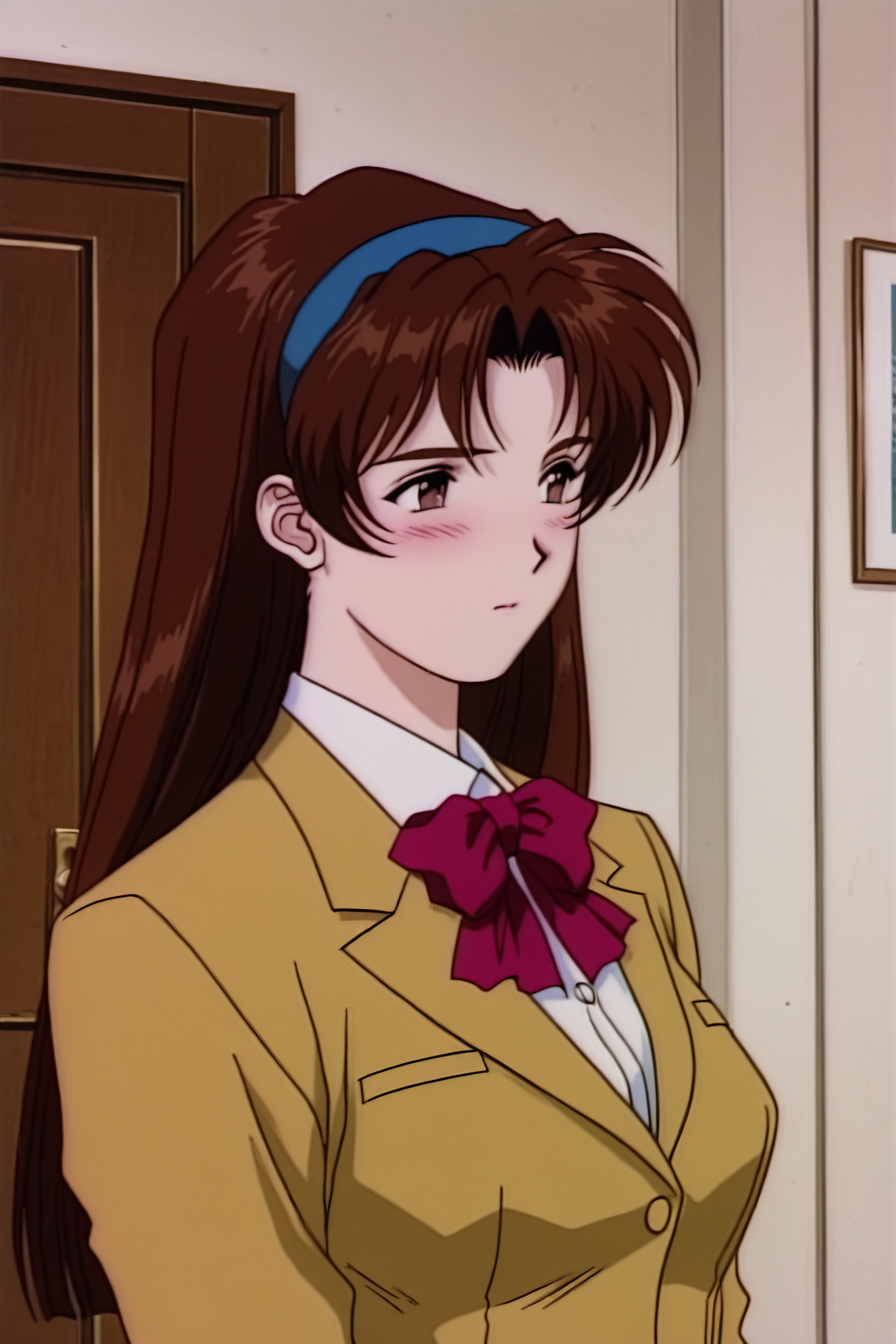 Naoko Katsuda,1girl,solo,long hair,school uniform,brown hair,jacket,brown eyes,blush,bow,blazer,long sleeves,door,hairband,bowtie,indoors,upper body,1990s \(style\),
<lora:Golden Boy_illustriousXL:1>,