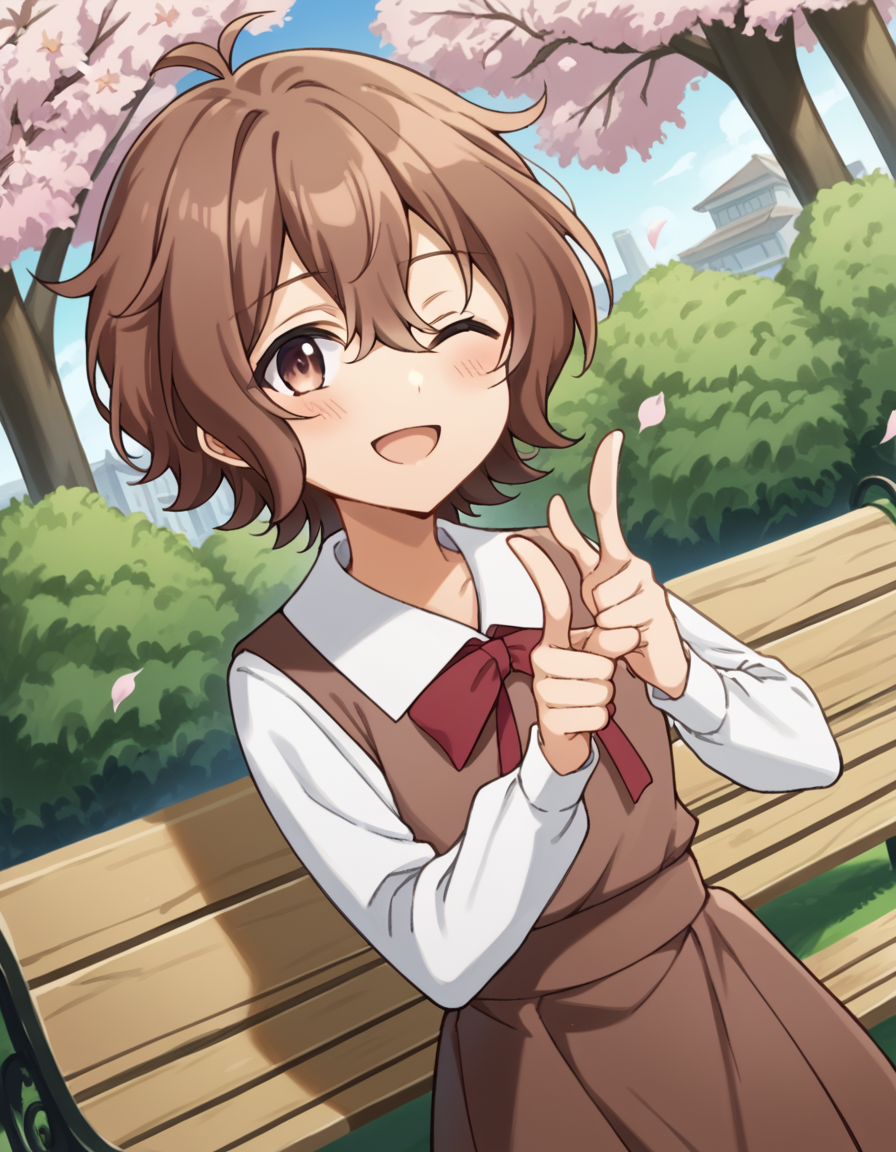 score_9, score_8_up, score_7_up, source_anime, <lora:spyroom-sara-s2-ponyxl-lora-nochekaiser:1>, sara, short hair, bangs, brown hair, brown eyes, hair between eyes,, shirt, long sleeves, dress, bow, school uniform, white shirt, collared shirt, red bow, neck ribbon, brown dress, park, cherry blossoms, bench, gentle breeze, peaceful, running, open mouth, smile, <lora:double-finger-gun-ponyxl-lora-nochekaiser:1>, double finger gun,, blush, smile, one eye closed, from side, looking at viewer, solo,, dutch angle, cowboy shot