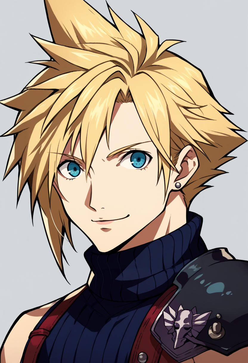score_9, score_8_up, score_7_up, source_anime, BREAK, solo, 1boy, smile, looking at viewer,  <lora:P5-Portraits-pdxl_Fp:1>, simple background, portrait,  <lora:cloudstrife-pdxl-nvwls-v1:1>, defCloud, blonde hair, single earring, suspenders, shoulder armor, sleeveless turtleneck