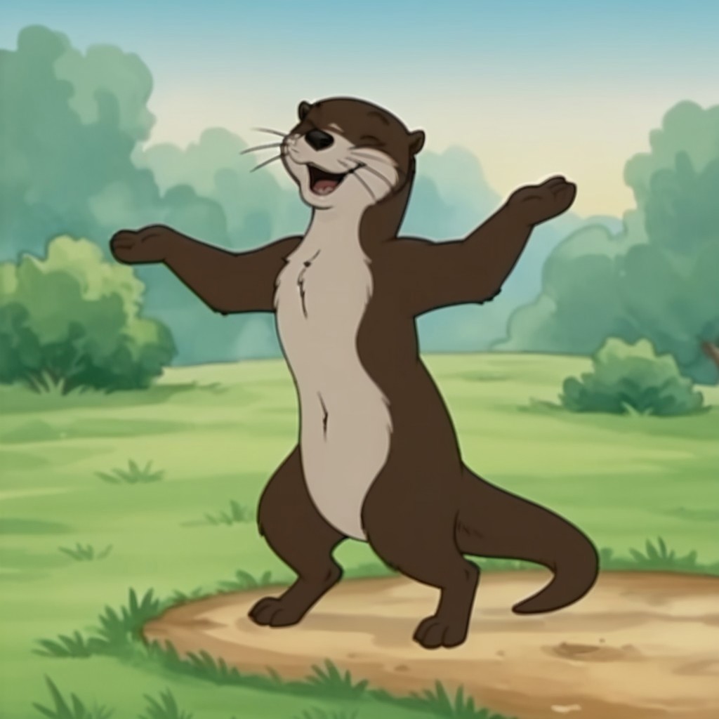 score_9, score_8_up, score_7_up, score_6_up, score_5_up, score_4_up, source_furry, otterfrnkln, semi-anthro, female, otter, brown fur, whiskers, outside, dancing, in a field