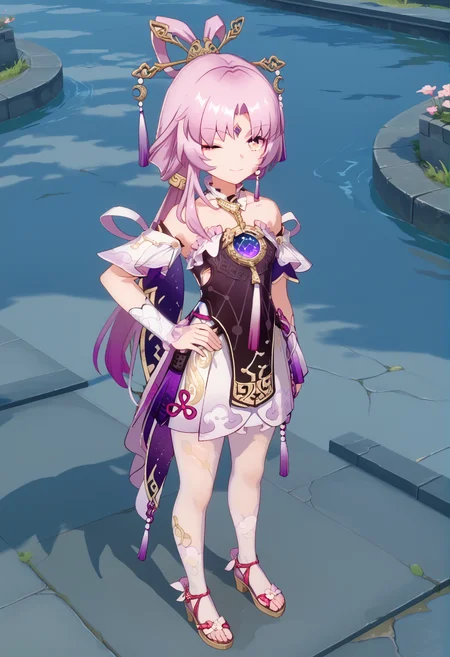 score_9, score_8_up, score_7_up, BREAK source_anime, masterpiece, anime screencap, shiny skin,
1girl, solo,
smile, one eye closed ,
full body ,
from above ,
female focus,
attractive ,
looking at viewer ,
hand on own hip ,
standing ,
fuxuan,
outdoors,
<lora:fuxuan.pony:1>