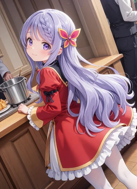 source_anime BREAK prefect lighting,very aesthetic,prefect hands,best quality,
intricate details,highly detailed background,(masterpiece:0.9),high quality,lustrous_skin,skindentation,(zPDXL3),
ultra delicate hair,
face_detail,
skin_detail,<lora:cfg_scale_boost>,
lustrous_skin,skindentation,
shiny skin,
<lora:seirei_gensouki_-_flora_beltrum_s1_il:0.7>,seirei_gensouki_-_flora_beltrum_s1,long_hair,purple_hair,hair_ornament,braid,purple_eyes,aged_down,flat_chest,
bow,ribbon,red_dress,long_sleeves,frills,juliet_sleeves,puffy_sleeves,white_pantyhose,black_footwear,
masterpiece,best quality,amazing quality,masterpiece,best quality,ultra-detailed,Best-A,Medium-B,Low-C,Bad-D,cute,in spring,light_blush,happy,looking at viewer,
dynamic_angle,indoor,
party,waiter,servant,dance,mixer,from_back,from behind,