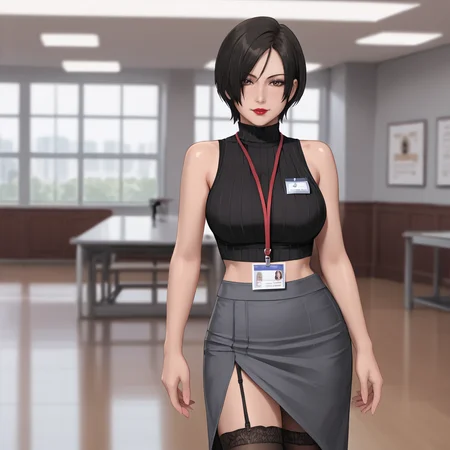 <lora:adawongmovie_pony_v1:.8> AdaResidentEvilMovie, 1girl, short hair, black hair, brown eyes, large breasts, hair over one eye,cowboy shot, lipstick,eyeshadow, cowboy shot,  <lora:0897 Home wear 3_v1_pony:1> ruanyi0897,black thighhighs,garter straps,turtleneck,id card,lanyard,grey skirt,crop top,black sleeveless sweater,long skirt,
