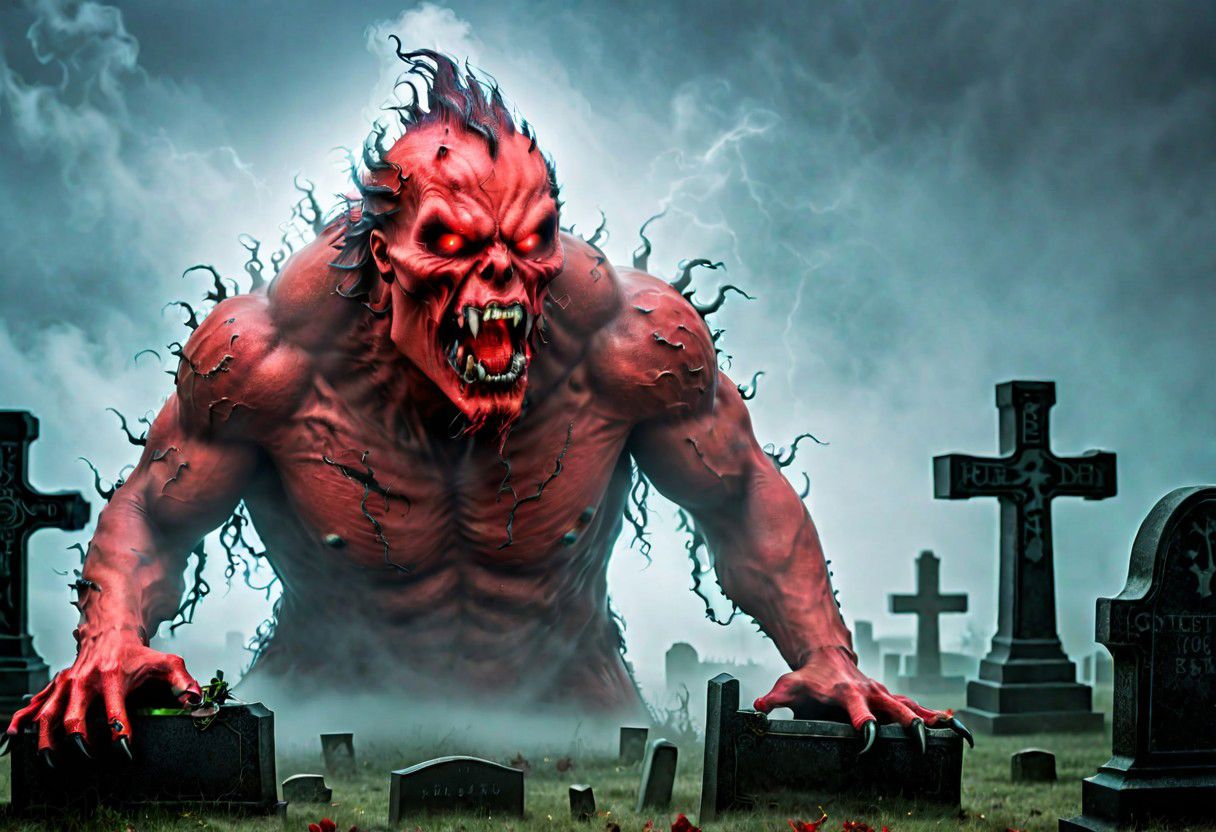 lightening, dark, night, (beast appears from the fog and mist in a creepy graveyard, The beasts looks very angry and ready to cause chaos,  red DEVIL SPAWN