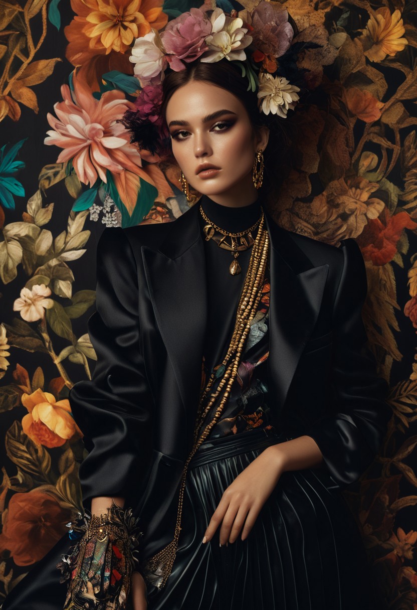 Create cinematic fine art portraits of a young woman in her 20s, dressed in maximalist dark clothing, inspired by Vogue's aesthetic. Incorporate diverse makeup and creative vogue poses, using softer tones to illuminate the eyes.