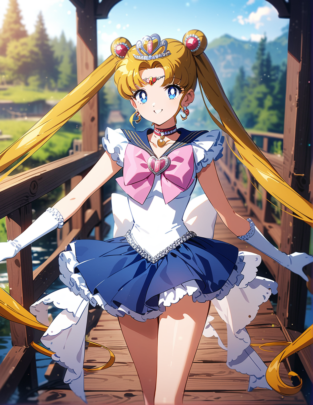 1girl, solo, <lora:sdxl-lyco-princess-sailormoon-animagine_xl_3_1-prodigy-v2-1-1-000020:1:lbw=0,0,0,0,0,0,0,0,1,1,0,0,0,0,1,1,1,0,0,0,0,0,0,0,0,0>, princesssailormoon, double bun, twintails, circlet, earrings, frill, choker, tiara, bow, white leotard,gloves, miniskirt, standing  ,smile, best quality, very aesthetic, ultra-detailed, intricate details, 4k,, newest, (retro:-1.0) ,(1990s:-1.0), BREAK  on a wooden bridge