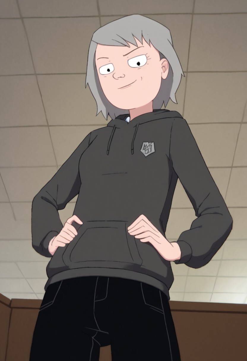 leslie_hoodie, 1girl, gilf, wrinkles, short grey hair, small black eyes, brown sweater, black pants, black ballerina, hood off, score_9_up, score_8_up, score_7_up, BREAK, 1girl, solo, looking at viewer, cute, smirk, from below, hands on hips, head tilt, female focus, ultra detailed, detailed background, office, masterpiece, best quality, 8k, Expressiveh,