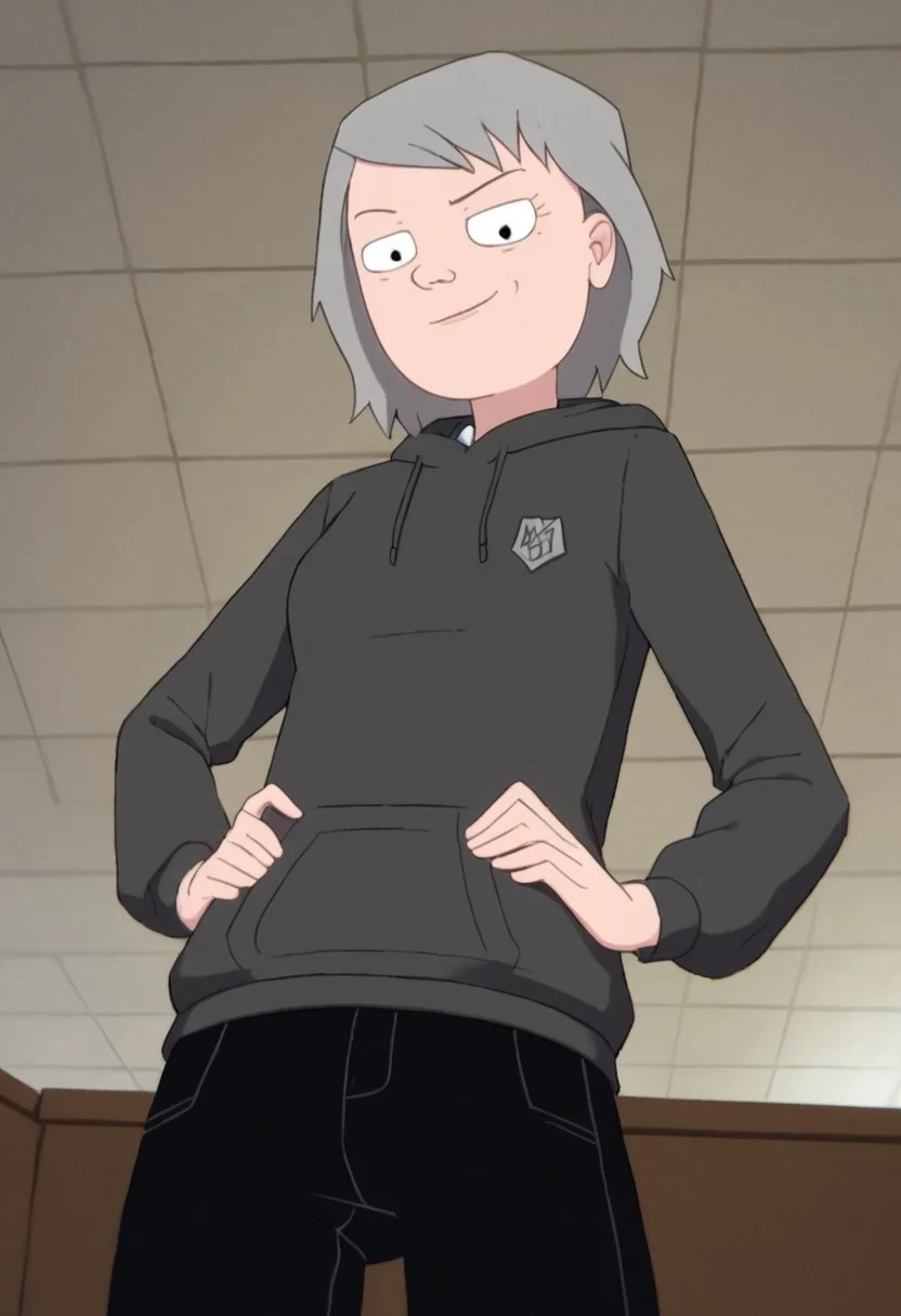 leslie_hoodie, 1girl, gilf, wrinkles, short grey hair, small black eyes, brown sweater, black pants, black ballerina, hood off, score_9_up, score_8_up, score_7_up, BREAK, 1girl, solo, looking at viewer, cute, smirk, from below, hands on hips, head tilt, female focus, ultra detailed, detailed background, office, masterpiece, best quality, 8k, Expressiveh,