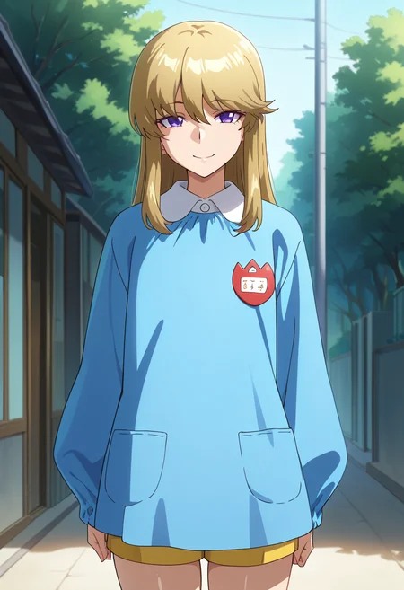 masterpiece, best quality, amazing quality, very aesthetic, absurdres, newest, illustration, perfect composition, intricate details, highres, anime coloring, general, 1girl, solo, (cowboy shot:1.2), keiww, purple eyes, blonde hair, long hair, bangs, hair between eyes, sidelocks, flat chest, mature female, kindergarten uniform, looking at viewer, smile, outdoors, day, shiny body, shiny skin, skindentation, clear skin, shiny hair, ultra detailed eyes, depth of field, sharp, intricate details, hyperdetailed, ultra-detailed, detailed clothing folds, high contrast, dynamic light <lora:Kugimiya_Kei_Majestic_Prince_ill:1>