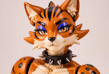 score_9, score_8_up, score_7_up, score_6_up, score_5_up, source_furry, (eyeshadow:1.6), feminine eyelashes, 1girl, female, thin waist, (spiked collar:1.4), tama, female, bobcat, cat, robot, 1girl, brown, strips, anthro