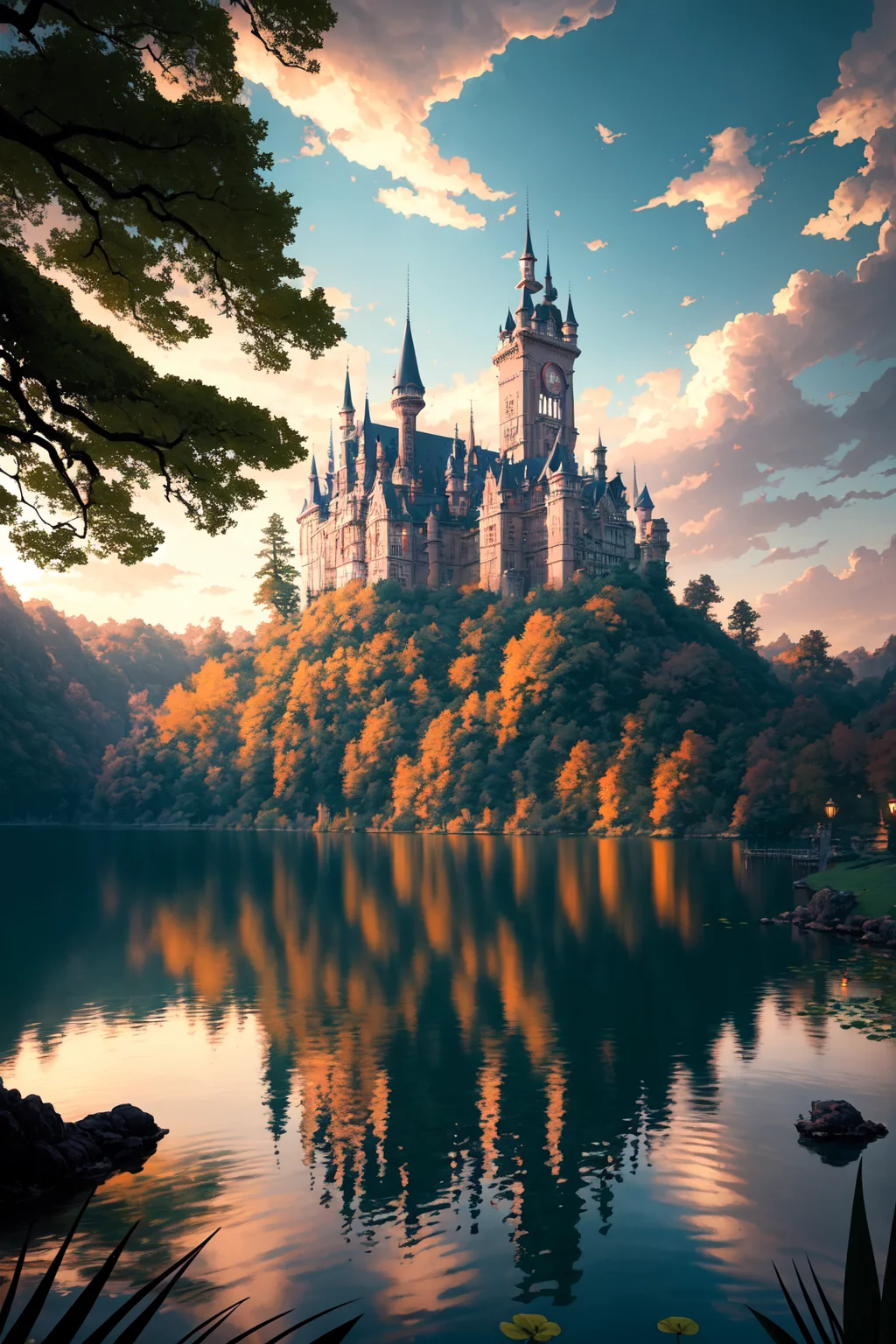 gothic castle yard with a lake and lush plants, fantasy art, by greg rutkowski, loish, rhads, ferdinand knab, makoto shinkai and lois van baarle, ilya kuvshinov, rossdraws, tom bagshaw, beautiful, cinematic, elegant, hyperrealistic, octane render, unreal, high definition, 8k resolution, highly detailed, photo taken with Sony a7R camera, DSLR lens,