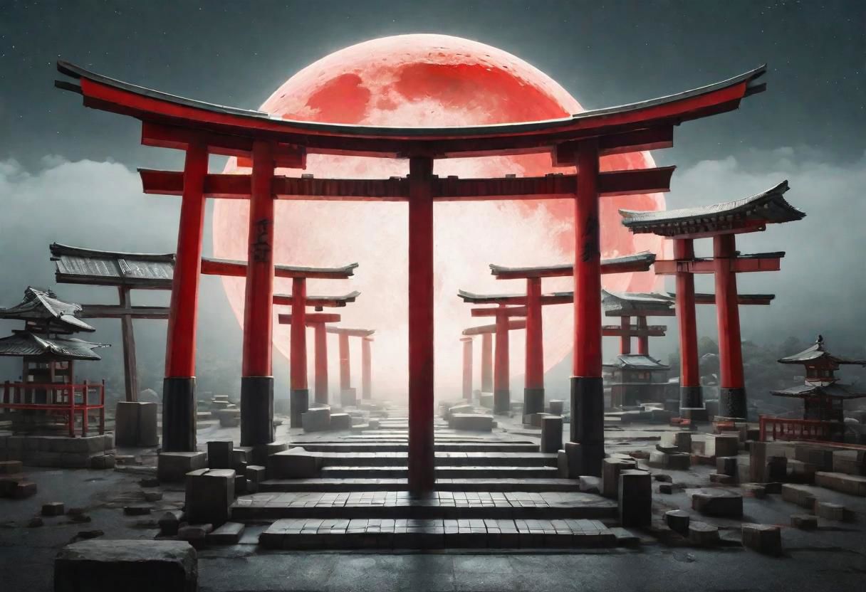 plane of euthymia, red moon in the middle surrounded by multiple torii gates