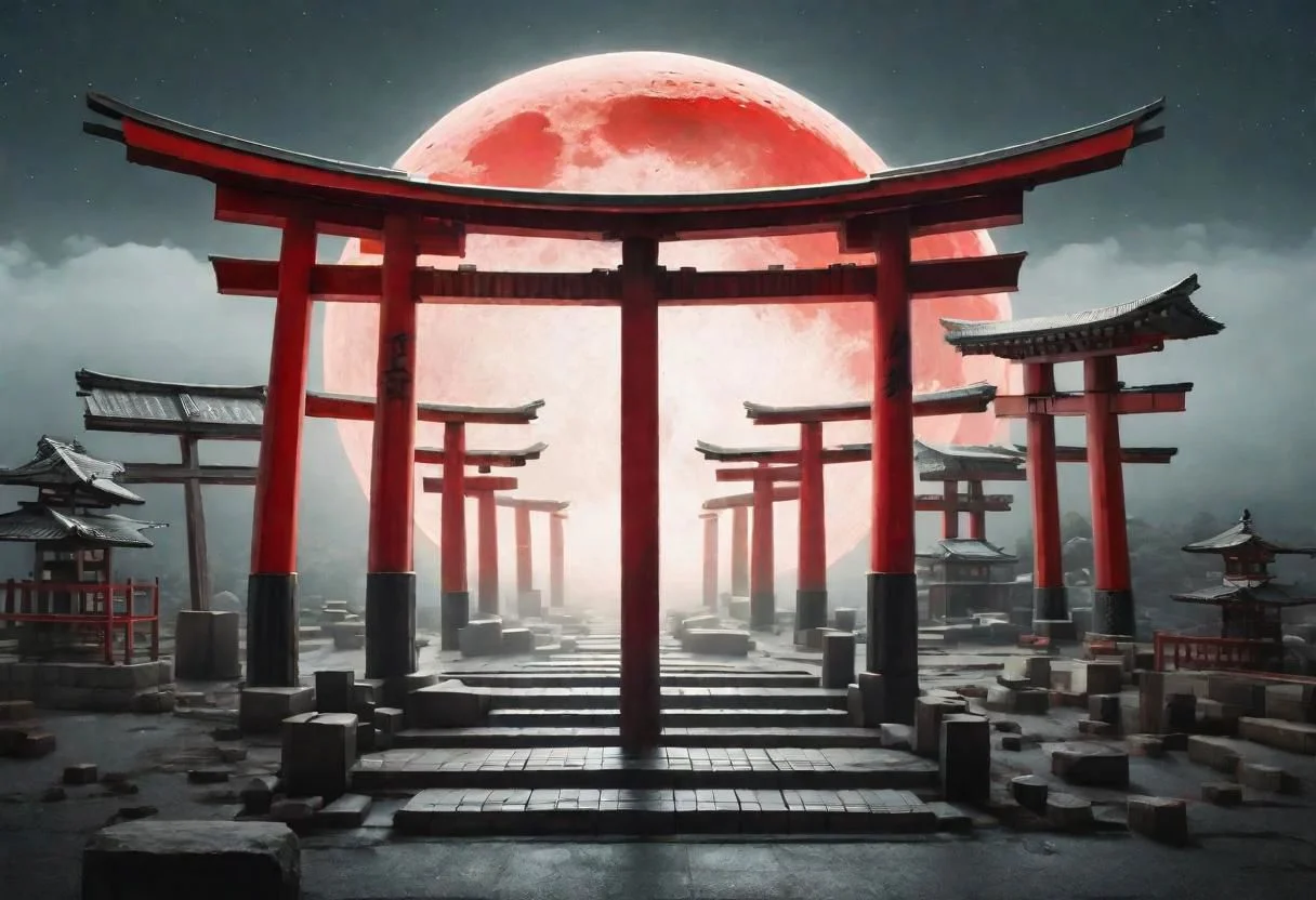plane of euthymia, red moon in the middle surrounded by multiple torii gates