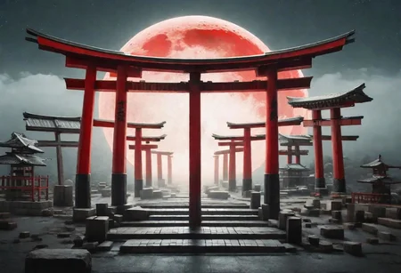 plane of euthymia, red moon in the middle surrounded by multiple torii gates