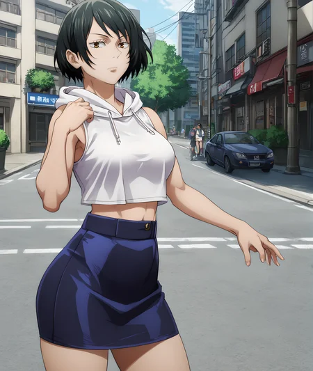 mai, solo, 1girl, short hair, black hair,dark brown eyes, looking at viewer, whole body, posing, <lora:Mai_Zenin_-_Jujutsu_Kaisen:0.9>
BREAK
level_9, level_8_up, level_7_up, level_6_up, level_5_up, source_anime, masterpiece
BREAK
outdoor background, (street wear:1.2), Japan, city, street, Tokyo, modern clothes,white crop top,mid skirt, hoodie, <lora:Jujutsu_Kaisen:0.7>,