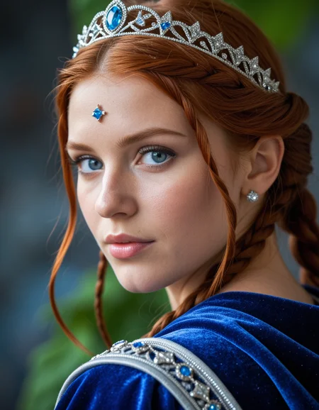 breathtaking detailed, masterpiece, absurdres, awe-inspiring, best quality, vibrant colors, nbn-freyja, beautiful woman, auburn hair, blue eyes, braids, silver tiara, blue robe with leafe and star inlays, looking over her shoulder, portrait, close up, realistic, blurry background