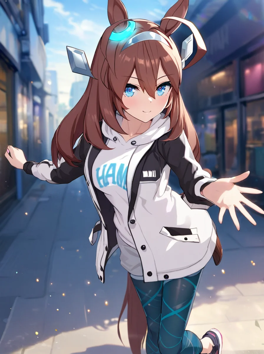 masterpiece, best quality, absurdres,
mihono bourbon \(umamusume\), 1girl, horse ears, horse tail, full body, smile, looking at viewer, grey hairband,casual, long sleeves, plaid pattern leggings, white sneakers, white hoodie, blue ear ornament, hair ornament, grey hair ornament, two-tone jacket,open jacket,
blue sky,cowboy shot,light rays,lens flare,light particles,
<lora:SDXL_mihono_bourbon_v1.01:0.85>