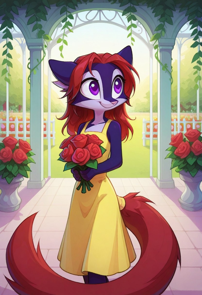 Dreamkeepers,Indi_and_Digo,1girl,solo,furry,tail,source_furry,,red hair,purple fur, purple eyes,
child, kid,
in a vintage dress holding a bouquet of roses, standing in a garden with a gazebo and blooming flowers all aroundб vintage_dress, bouquet, roses, garden, gazebo, flowers, smile, happy, cute, long_hair, outdoor, nature, elegant, pastel_colors