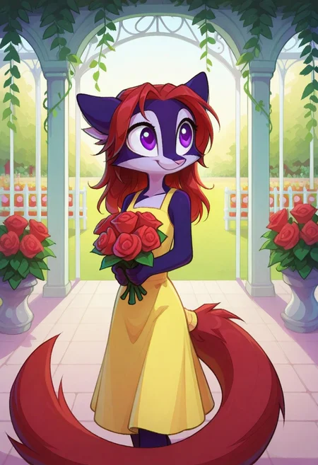Dreamkeepers,Indi_and_Digo,1girl,solo,furry,tail,source_furry,,red hair,purple fur, purple eyes,
child, kid,
in a vintage dress holding a bouquet of roses, standing in a garden with a gazebo and blooming flowers all aroundб vintage_dress, bouquet, roses, garden, gazebo, flowers, smile, happy, cute, long_hair, outdoor, nature, elegant, pastel_colors