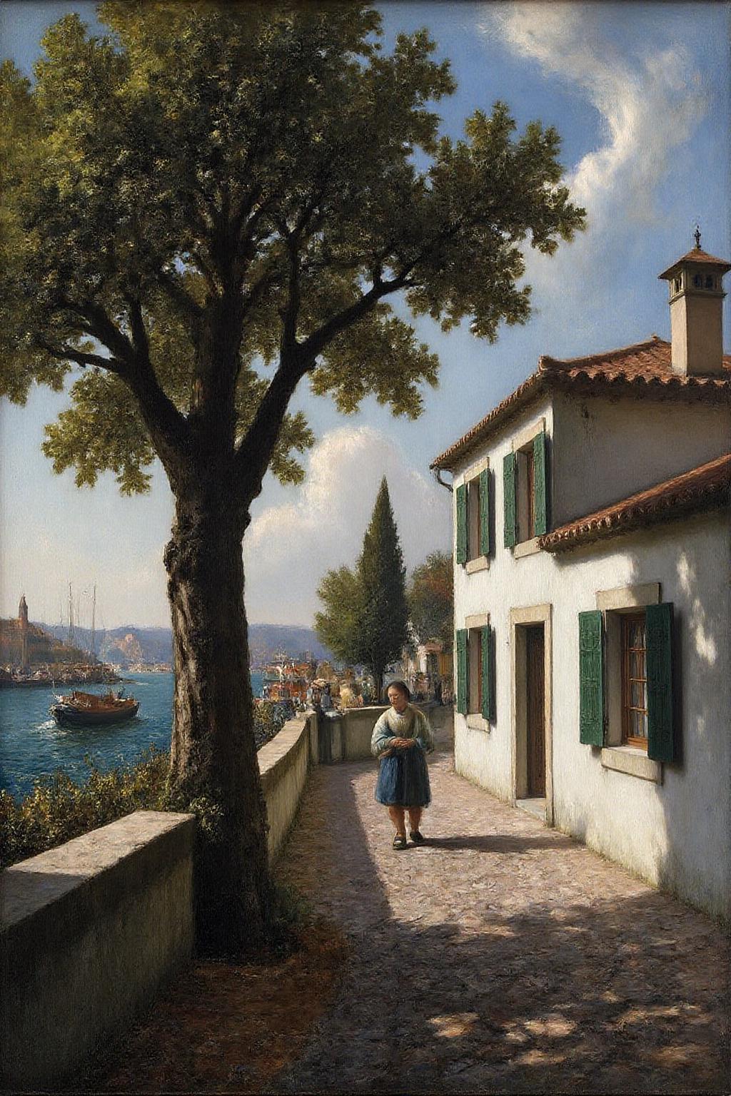 janver1 oil painting.
a coastal scene is depicted in a close-up perspective. The scene is painted in shades of blue, green, and white, with a tree in the foreground. The tree casts a shadow on the right side of the frame, adding a touch of depth to the scene. To the right of the tree, a cobblestone path leads to a white building with green shutters. In front of the building, a person is walking on the path. In the left corner of the image, a body of water with a few boats floating on it. The sky is a light blue, with wispy white clouds streaming across it.
        <lora:janver3_handc_d6a3e13:1.0><lora:806216970069544645:0>