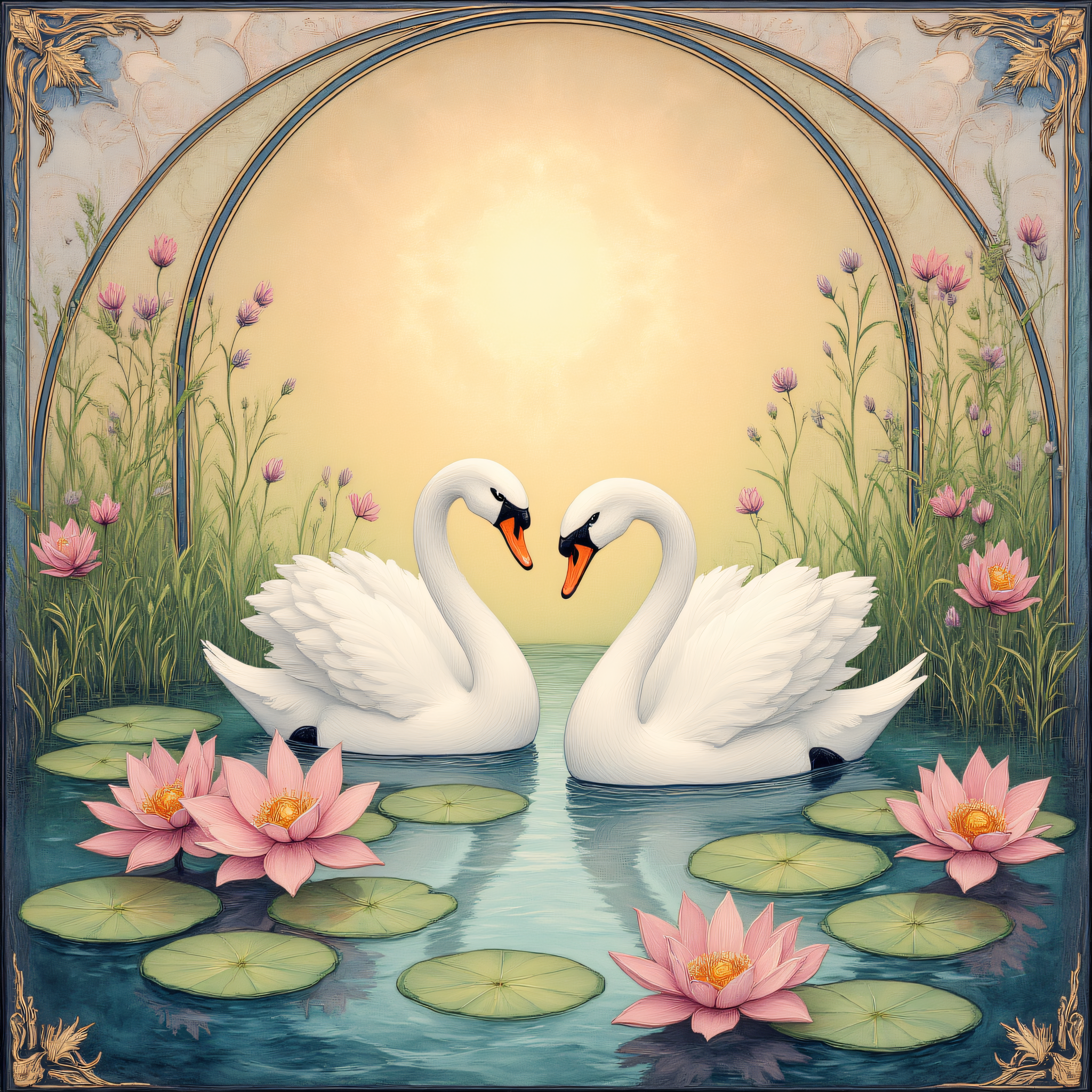 ArsMJStyle, art nouveau,, The image shows a painting of a pair of swans in a pond surrounded by blooming water lilies and arched reeds forming a natural frame. The water reflects the soft hues of dawn, creating a harmonious and tranquil atmosphere., no humans, swan, water, flower, lily pad, water lilies, reeds, decorative patterns, dawn, pastel colors, still life, traditional media, tranquil