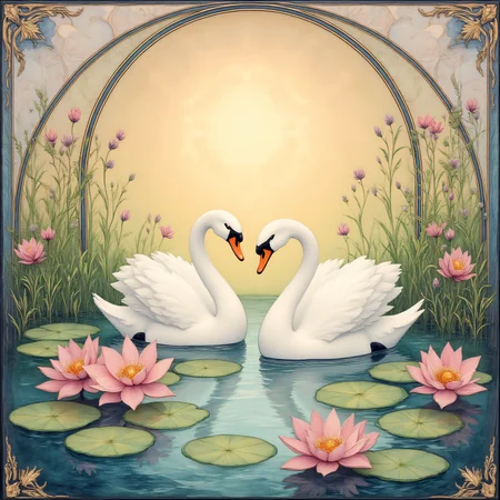 ArsMJStyle, art nouveau,, The image shows a painting of a pair of swans in a pond surrounded by blooming water lilies and arched reeds forming a natural frame. The water reflects the soft hues of dawn, creating a harmonious and tranquil atmosphere., no humans, swan, water, flower, lily pad, water lilies, reeds, decorative patterns, dawn, pastel colors, still life, traditional media, tranquil
